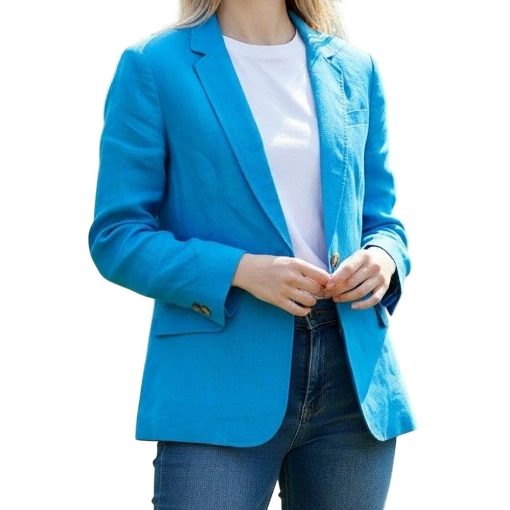 Talbots Blazer Womens 12P Pre-Owned Blazer Blue 100% Linen Single Button Notched